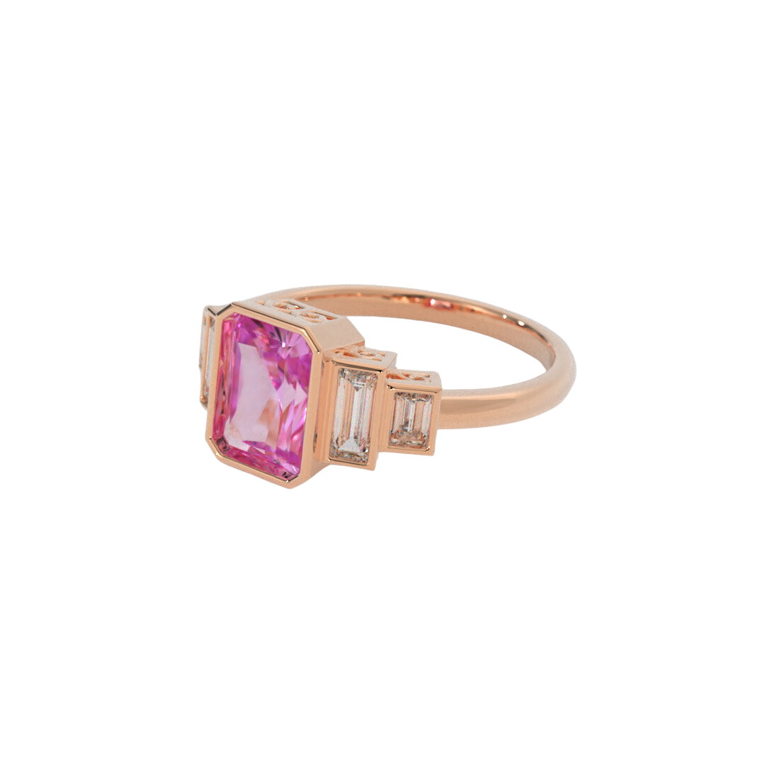 Lustre Ring in 14k rose gold featuring a radiant cut gemstone and baguette accents, bezel set in a sleek and polished design