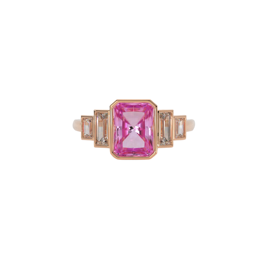 Lustre Ring in 14k rose gold featuring a radiant cut gemstone and baguette accents, bezel set in a sleek and polished design