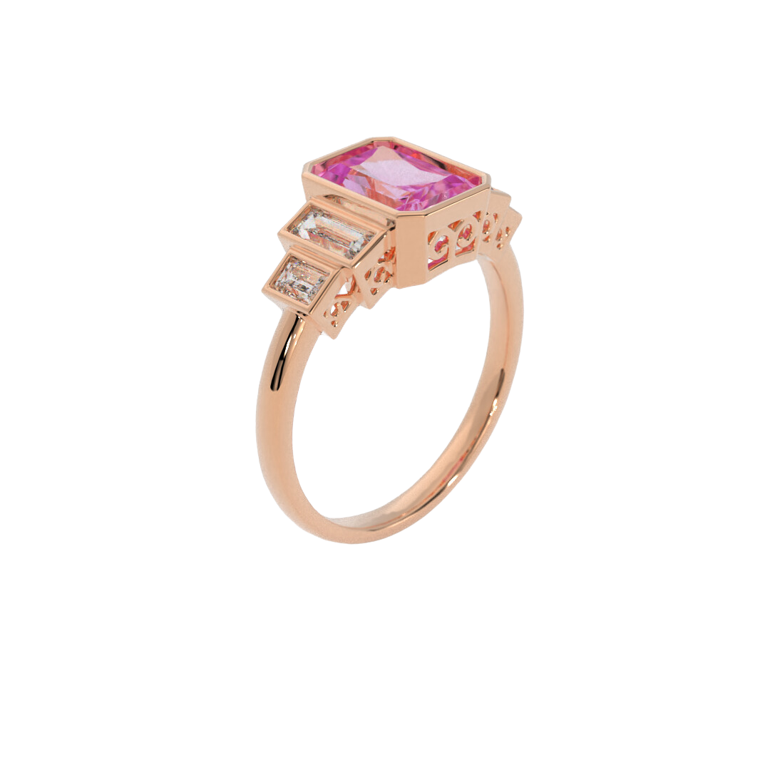 Lustre Ring in 14k rose gold featuring a radiant cut gemstone and baguette accents, bezel set in a sleek and polished design