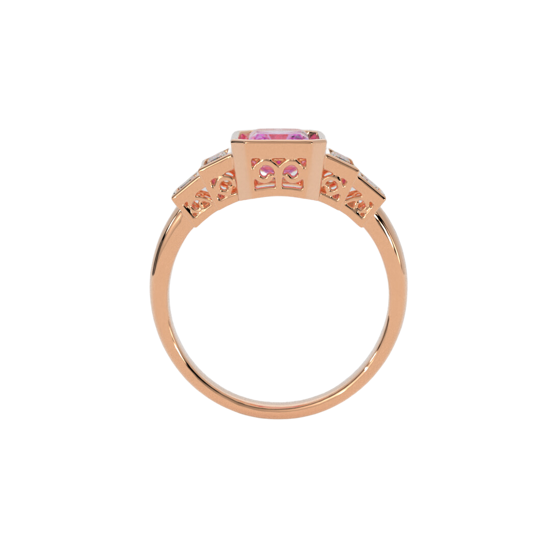 Lustre Ring in 14k rose gold featuring a radiant cut gemstone and baguette accents, bezel set in a sleek and polished design