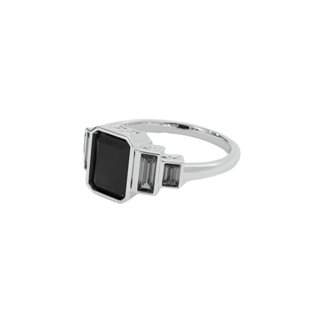 Lustre Ring in 14k white gold featuring aradiant cut gemstone and baguette accents, bezel set in a sleek and polished design