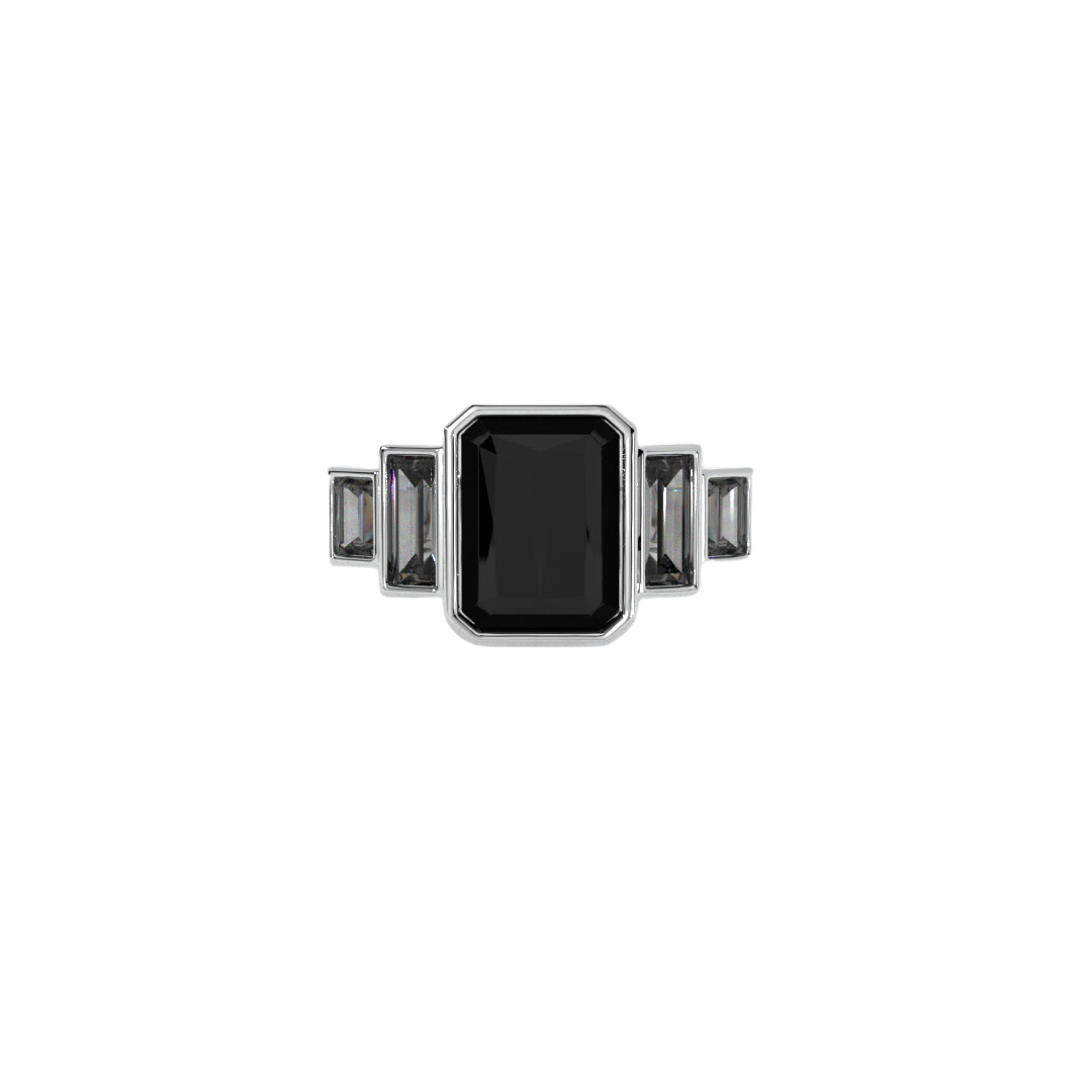 Lustre Ring in 14k white gold featuring aradiant cut gemstone and baguette accents, bezel set in a sleek and polished design