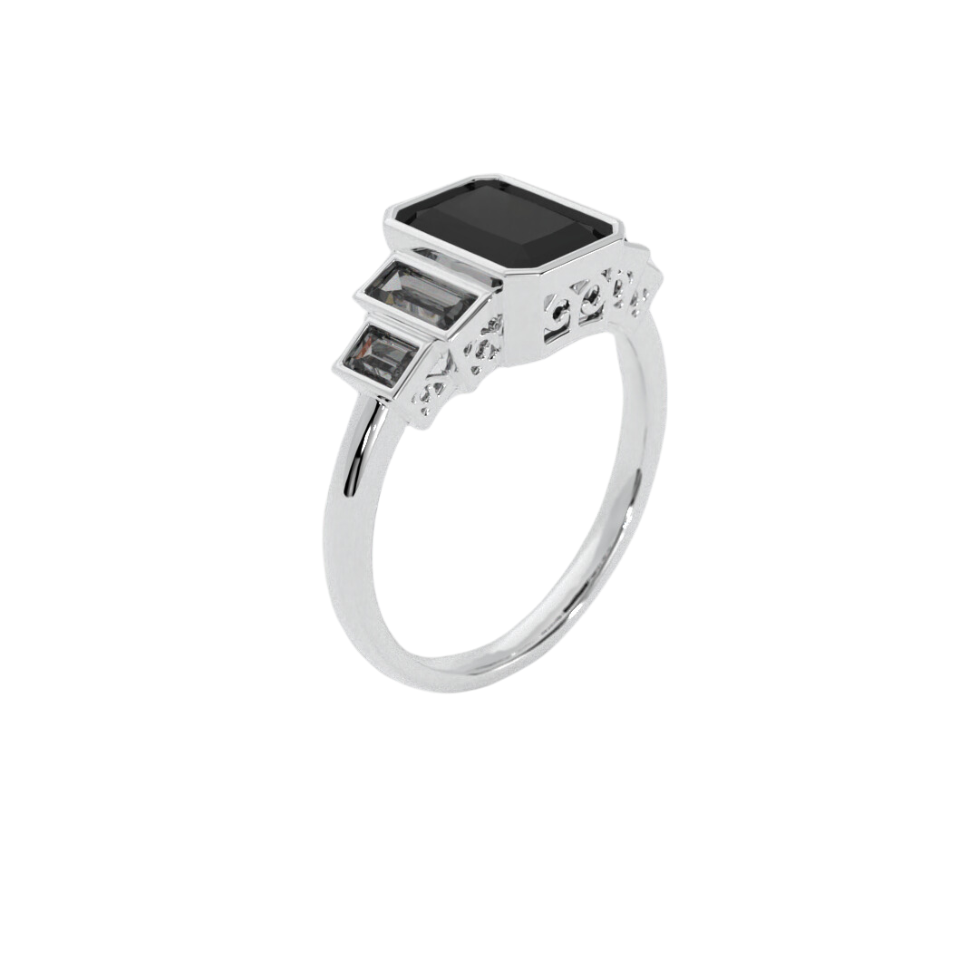 Lustre Ring in 14k white gold featuring aradiant cut gemstone and baguette accents, bezel set in a sleek and polished design
