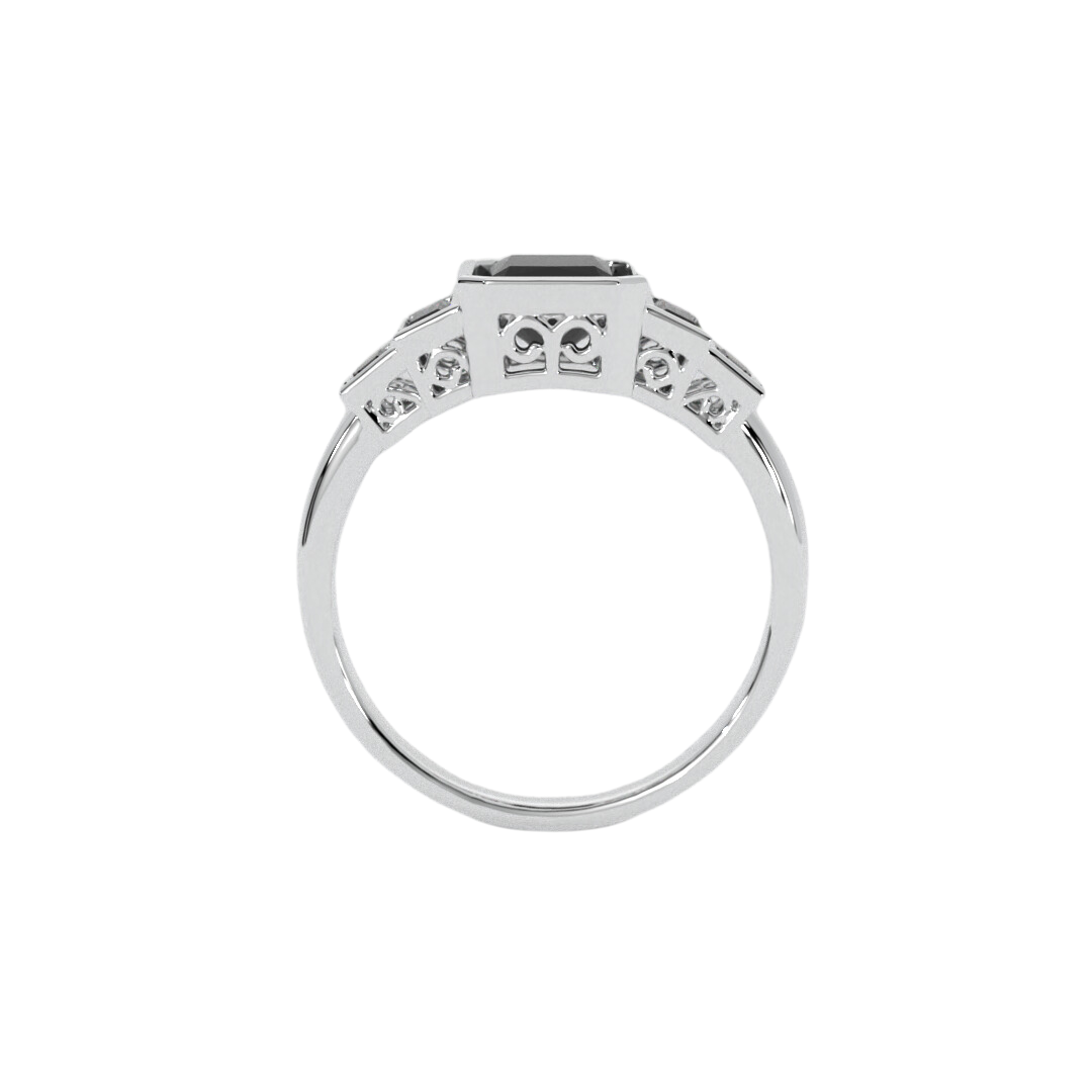 Lustre Ring in 14k white gold featuring aradiant cut gemstone and baguette accents, bezel set in a sleek and polished design