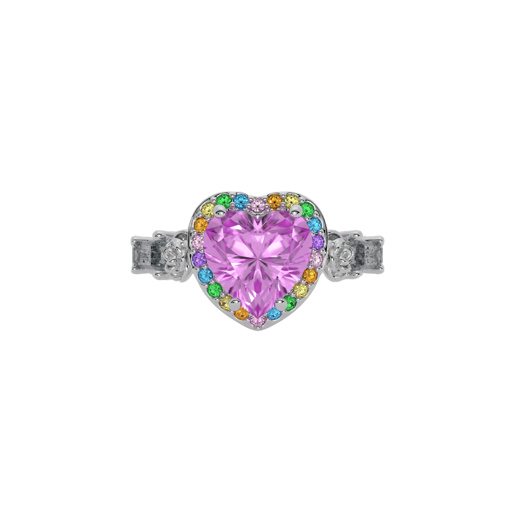 Masquerade Ring in 14k gold with heart-shaped gemstone, halo, and coffin-cut accents