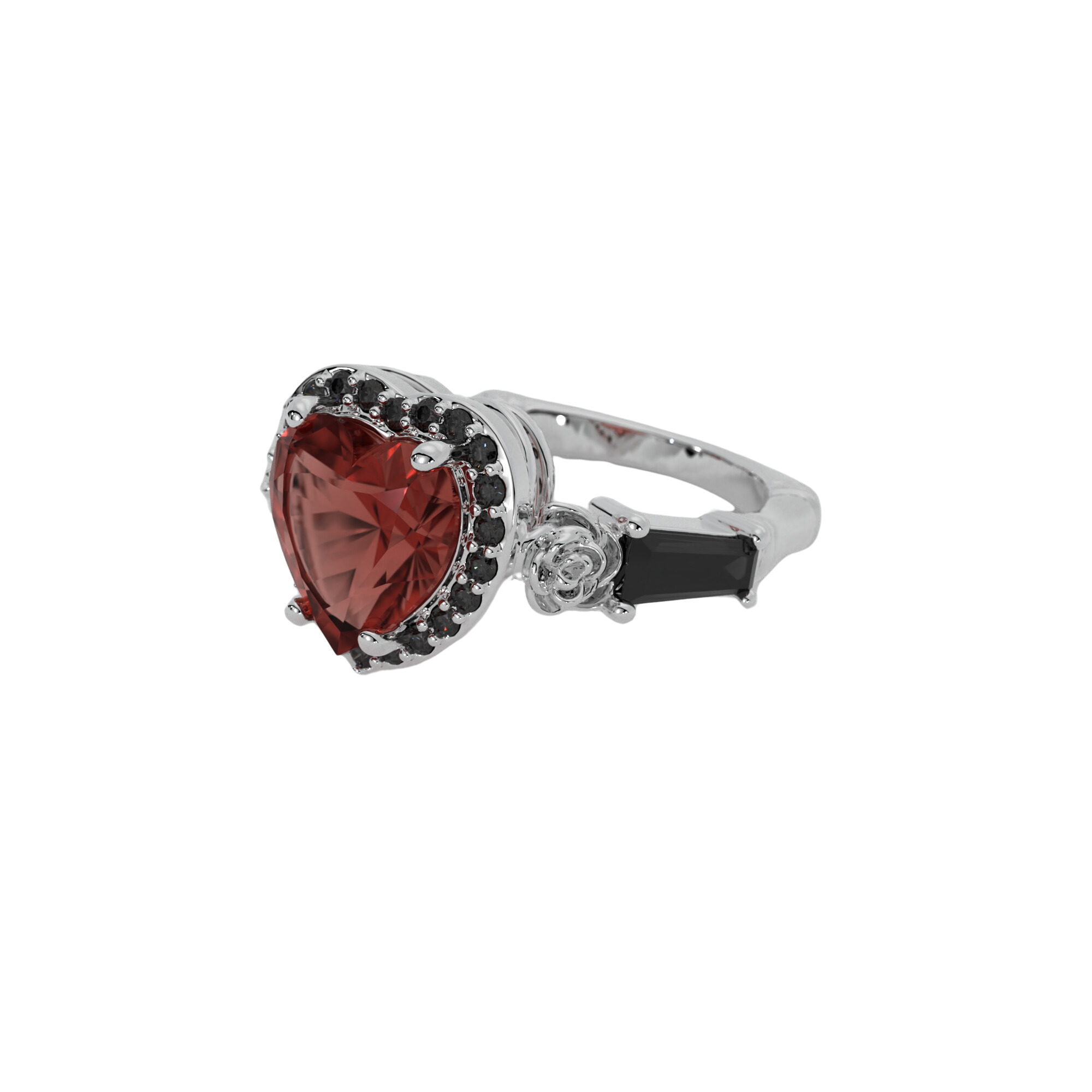 Masquerade Ring in 14k white gold with heart-shaped gemstone, black stone halo, and coffin-cut accents