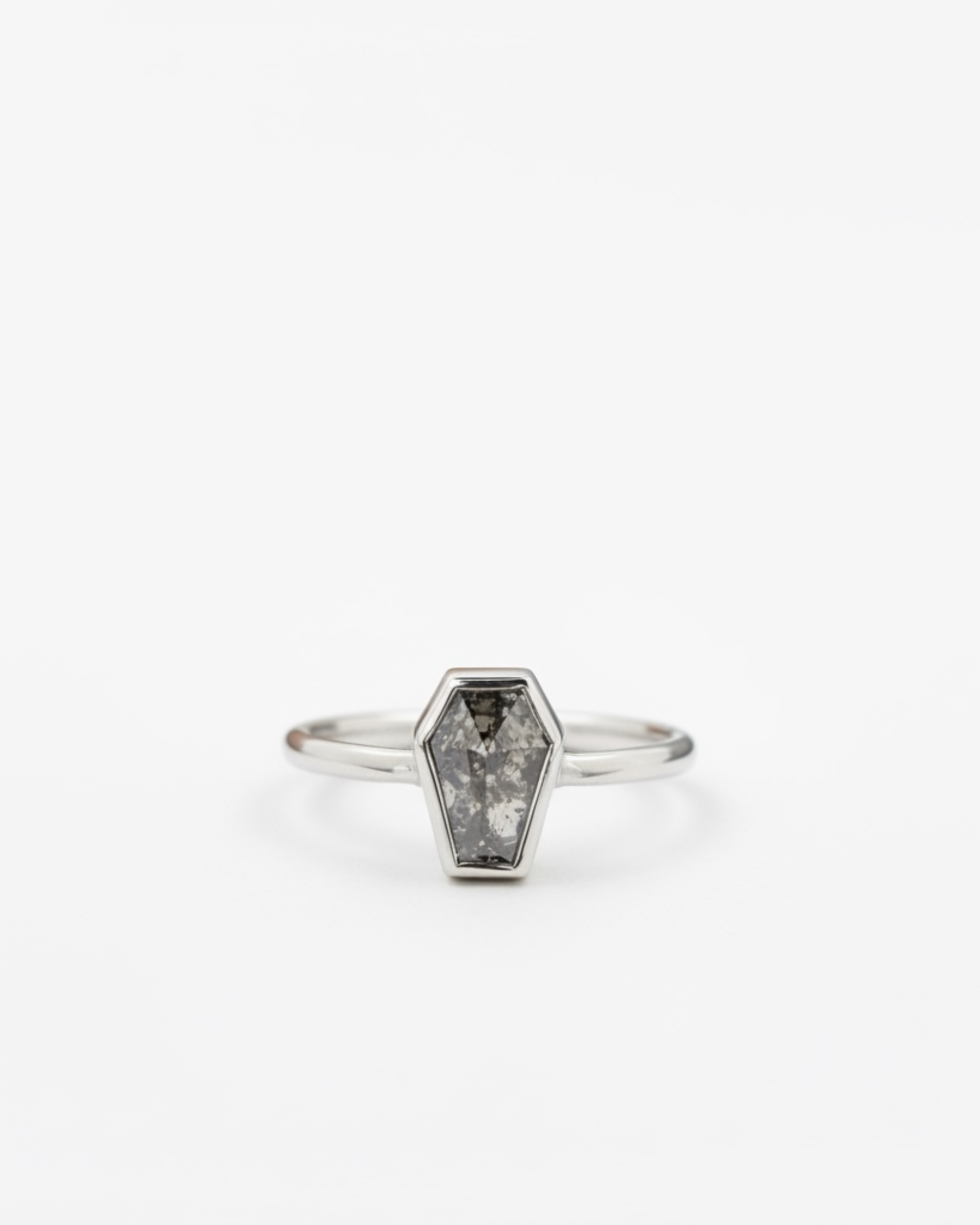 Memento Ring in 14k white gold with coffin-cut black diamond, gothic engagement ring