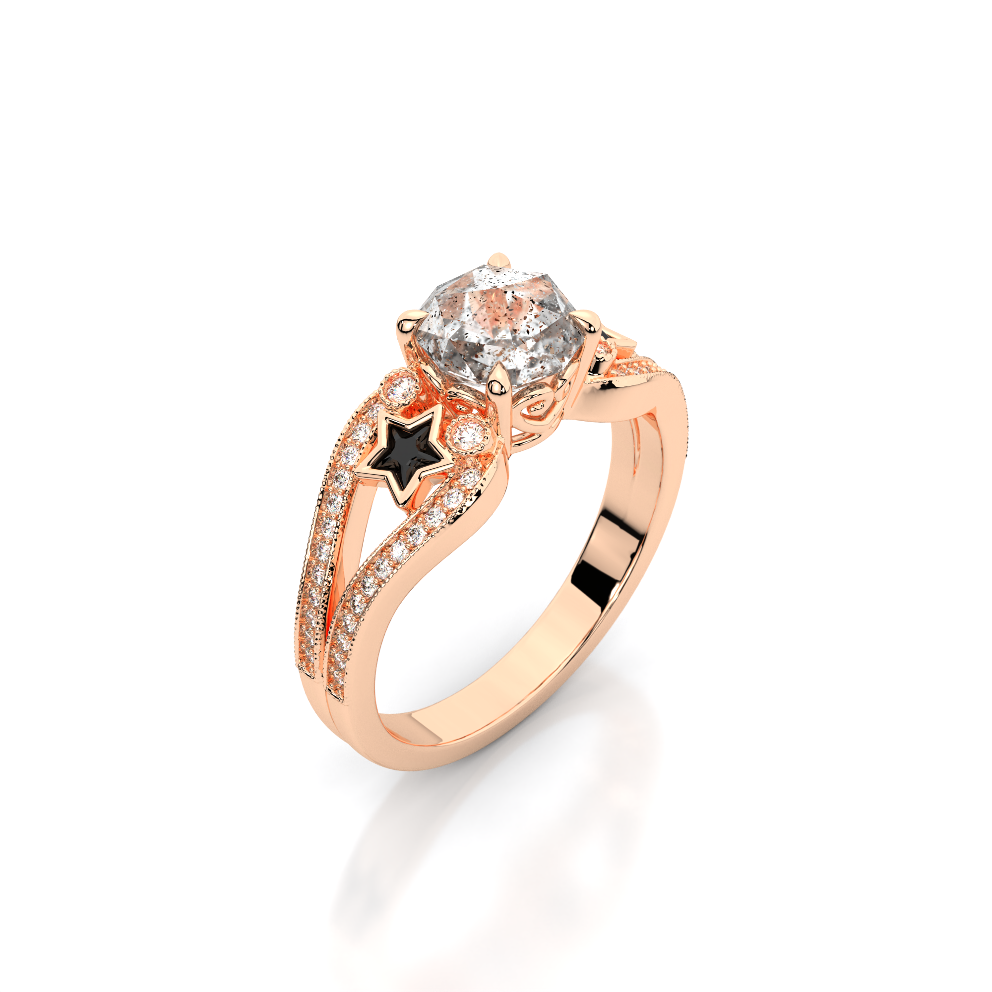 Moonbeam Ring in 14k rose gold with salt and pepper diamond, star shaped black moissanite, and pave set lab grown diamonds