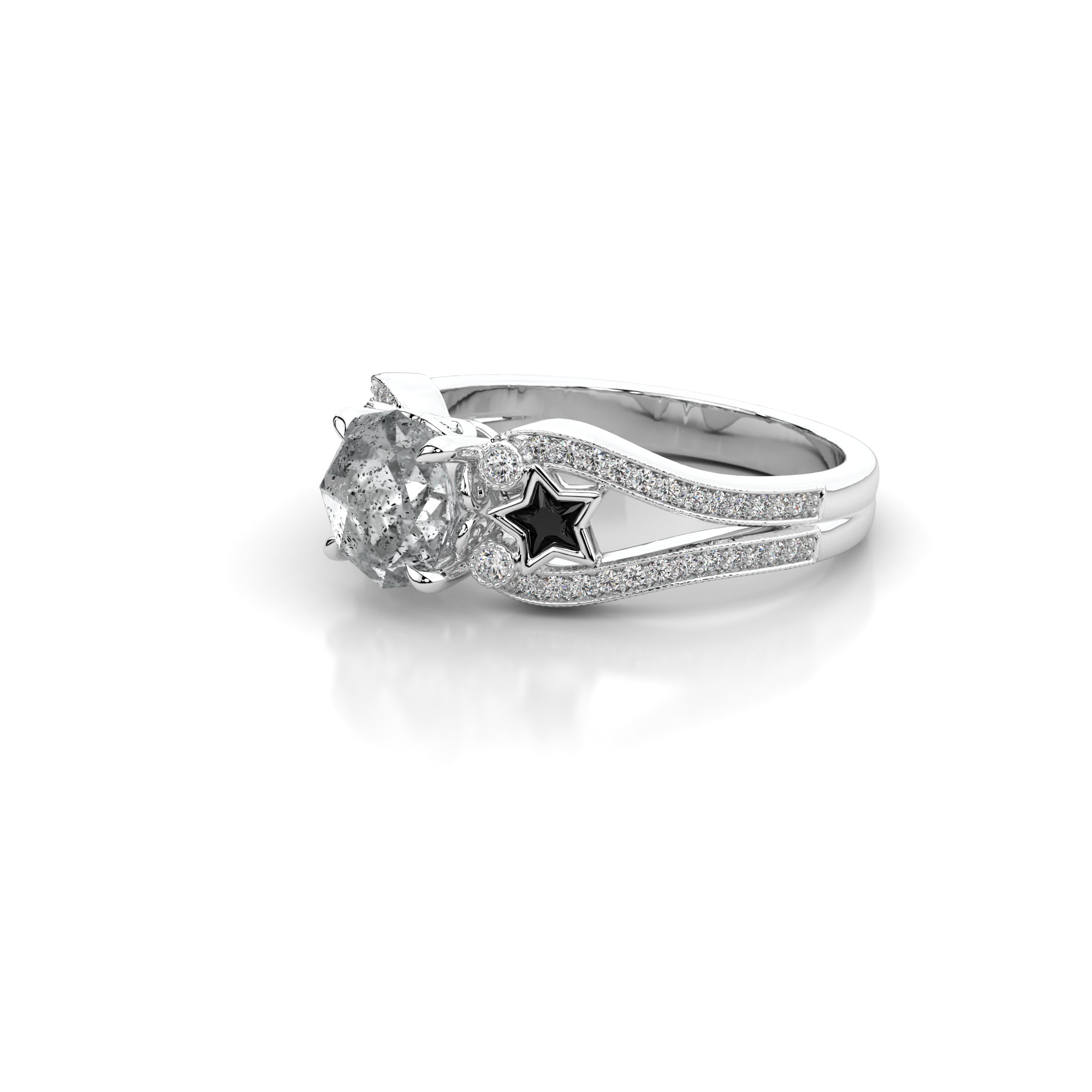 Moonbeam Ring in 14k white gold with salt and pepper diamond, star shaped black moissanite, and pave set lab grown diamonds