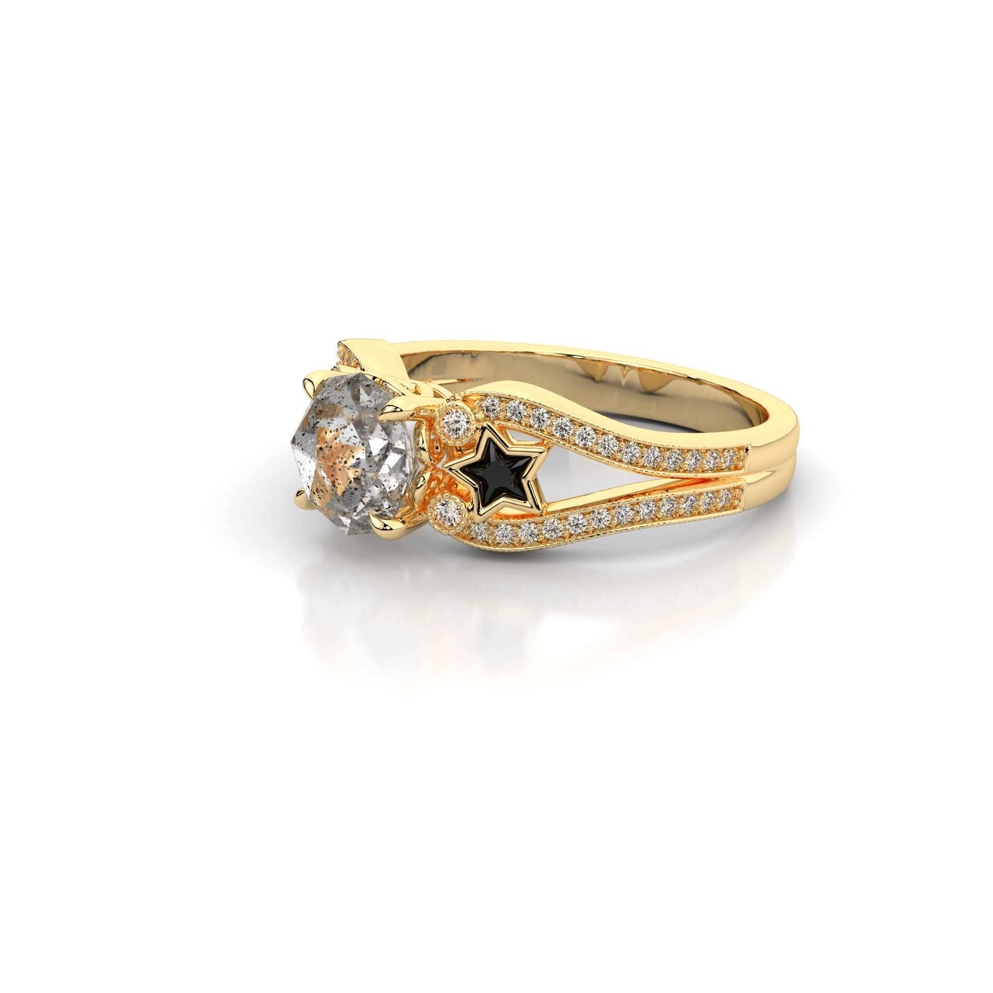 Moonbeam Ring in 14k yellow gold with salt and pepper diamond, star shaped black moissanite, and pave set lab grown diamonds