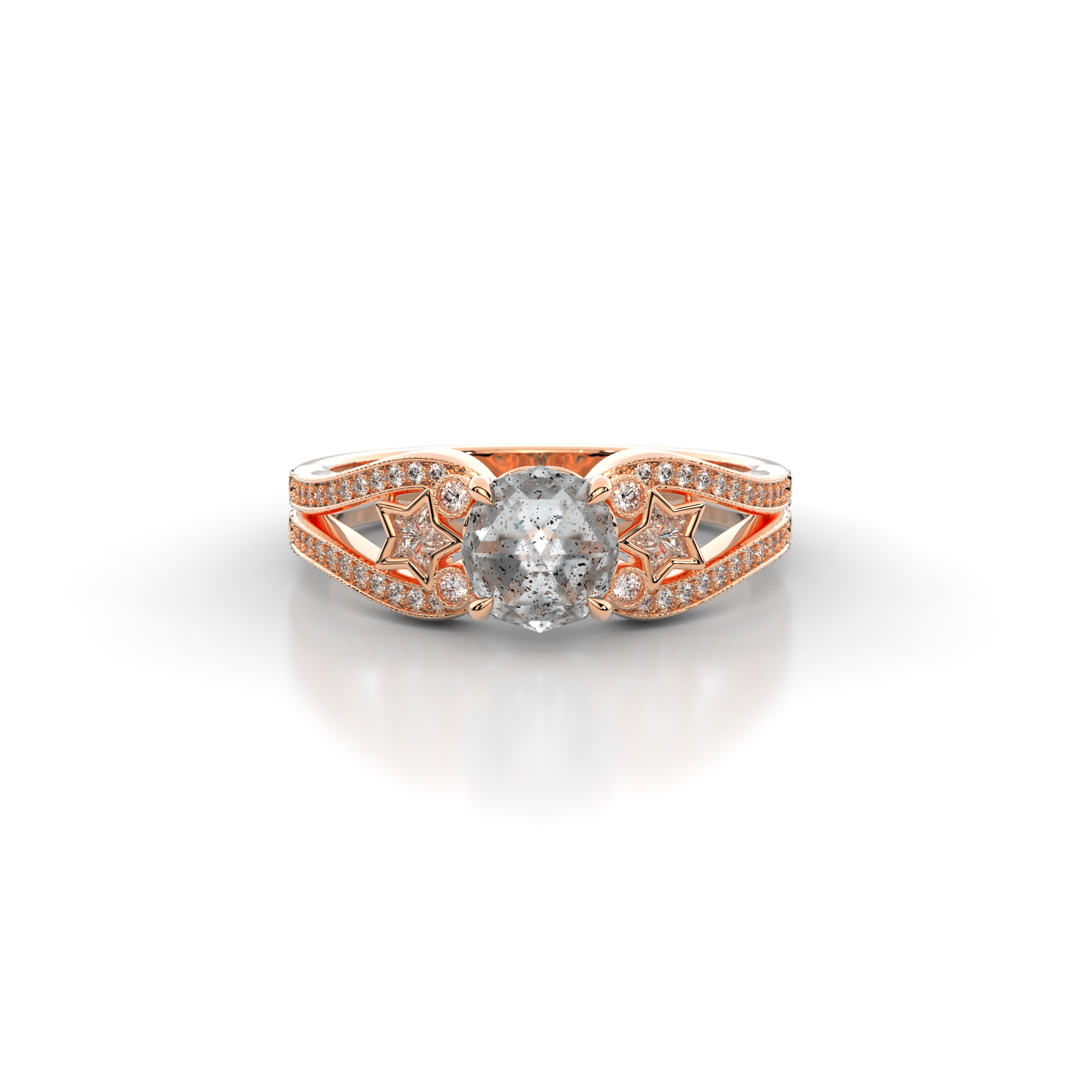 Moonbeam Ring in 14k rose gold with salt and pepper diamond, star shaped white moissanite, and pave set lab grown diamonds