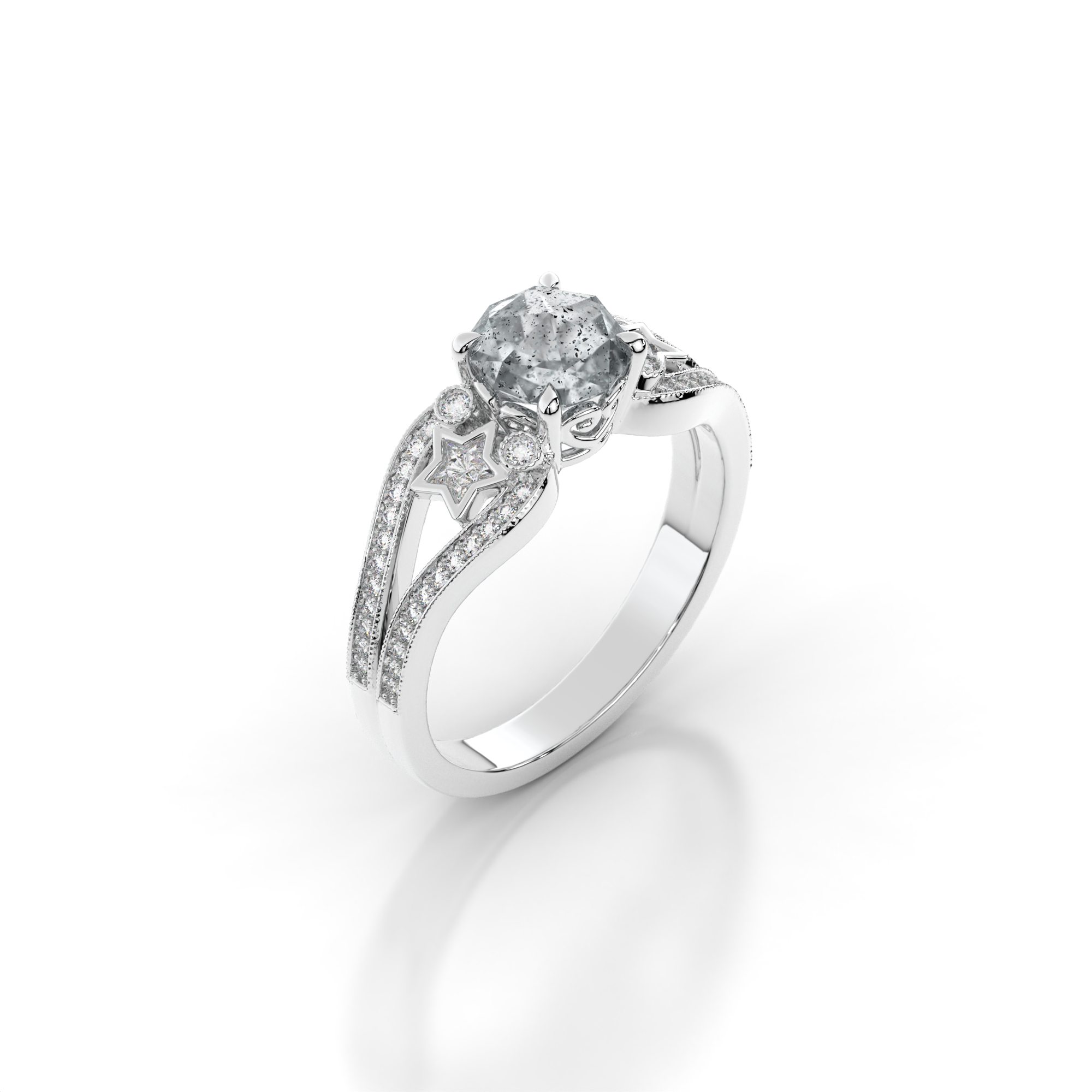 Moonbeam Ring in 14k white gold with salt and pepper diamond, star shaped white moissanite, and pave set lab grown diamonds