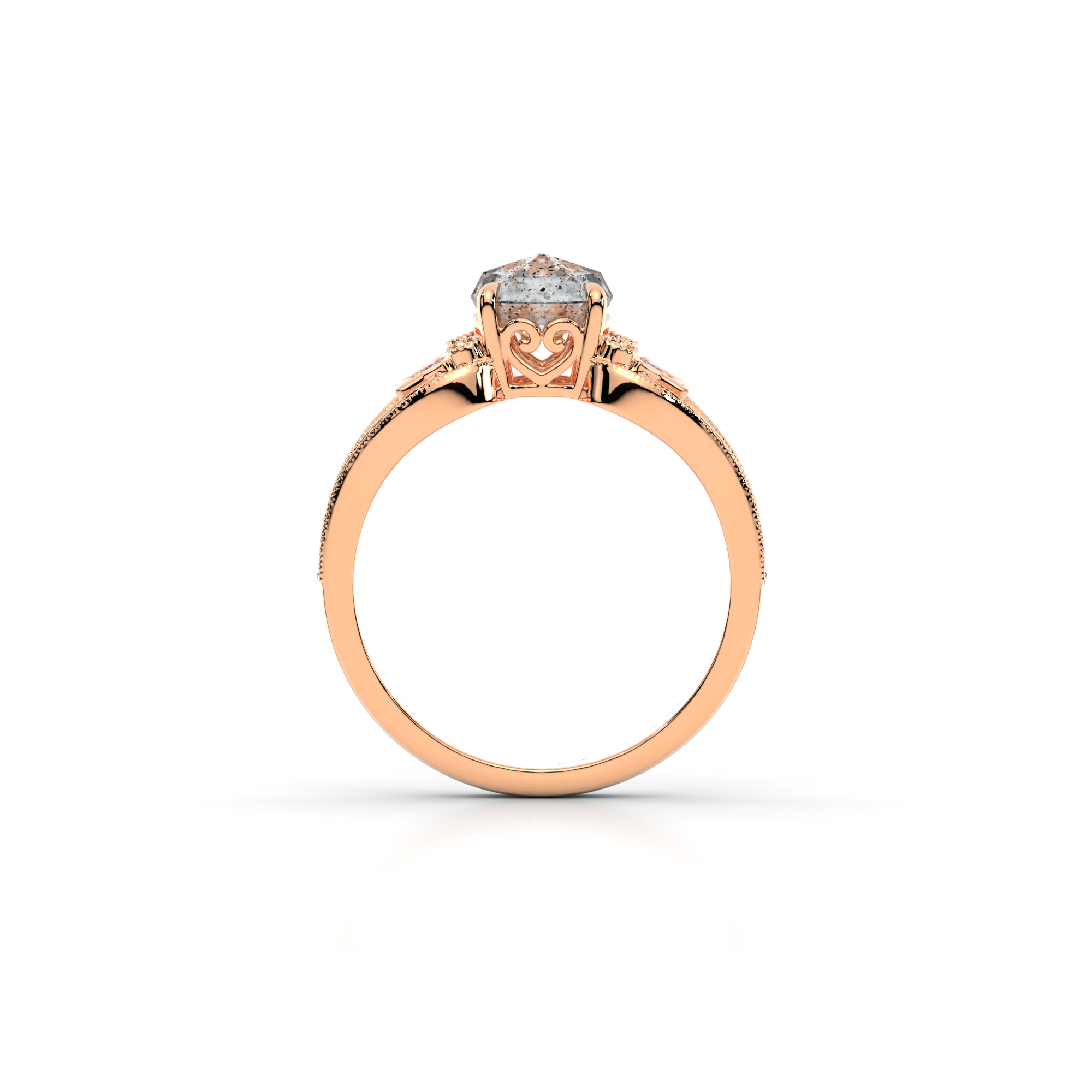 Moonbeam Ring in 14k rose gold with salt and pepper diamond, star shaped black moissanite, and pave set lab grown diamonds