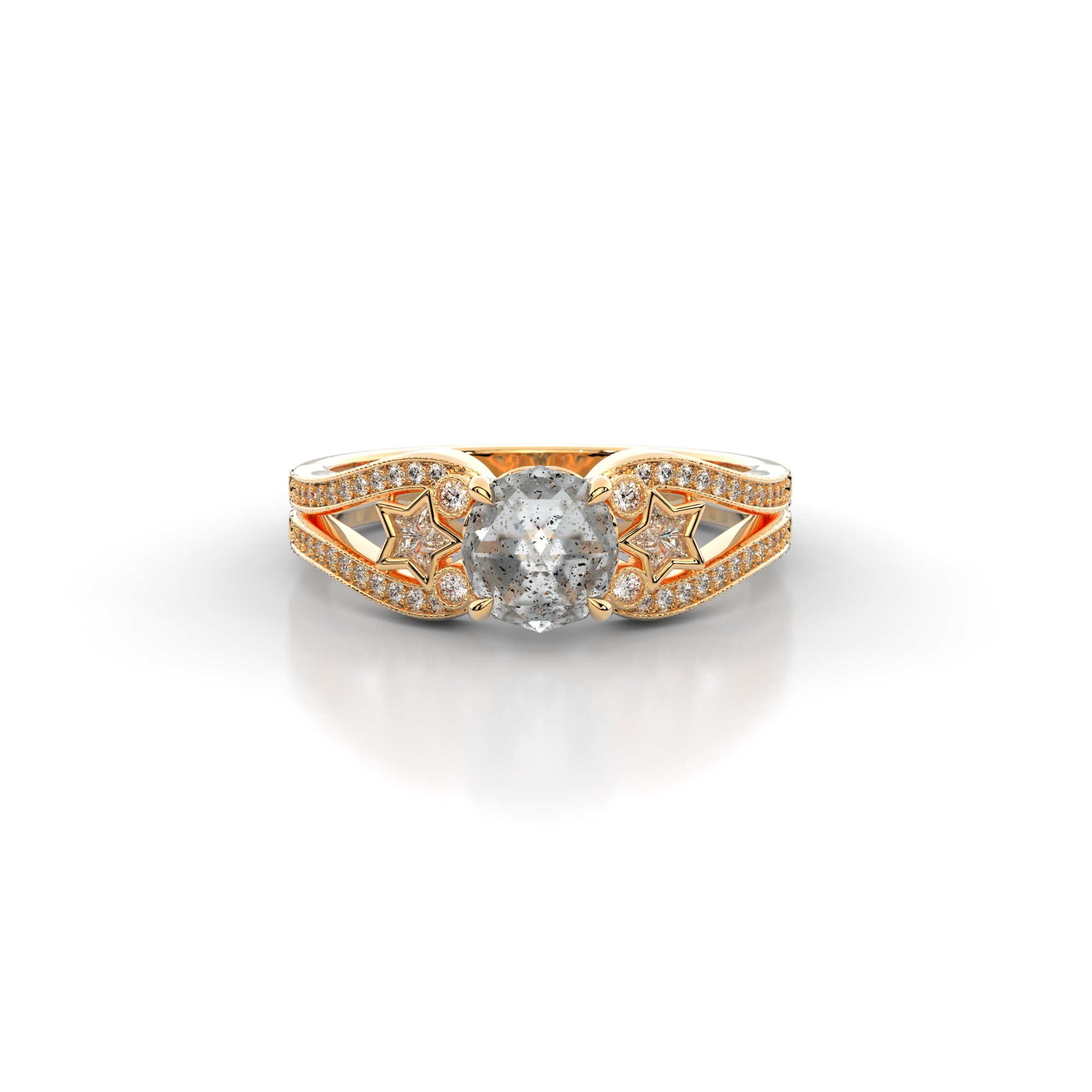 Moonbeam Ring in 14k yellow gold with salt and pepper diamond, star shaped white moissanite, and pave set lab grown diamonds