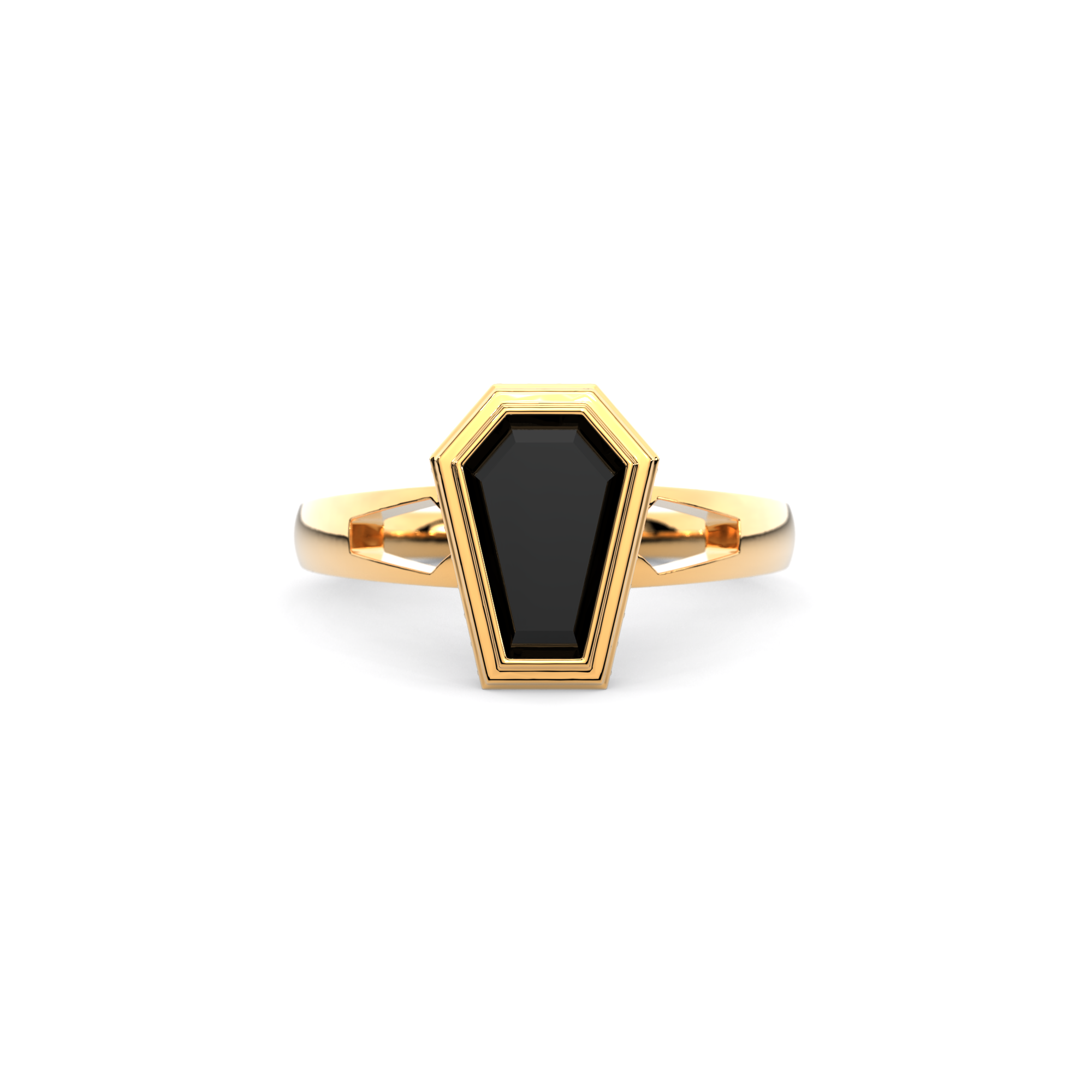 Obscura Ring in 14k yellow gold with coffin-cut black diamond and coffin-shaped cutouts