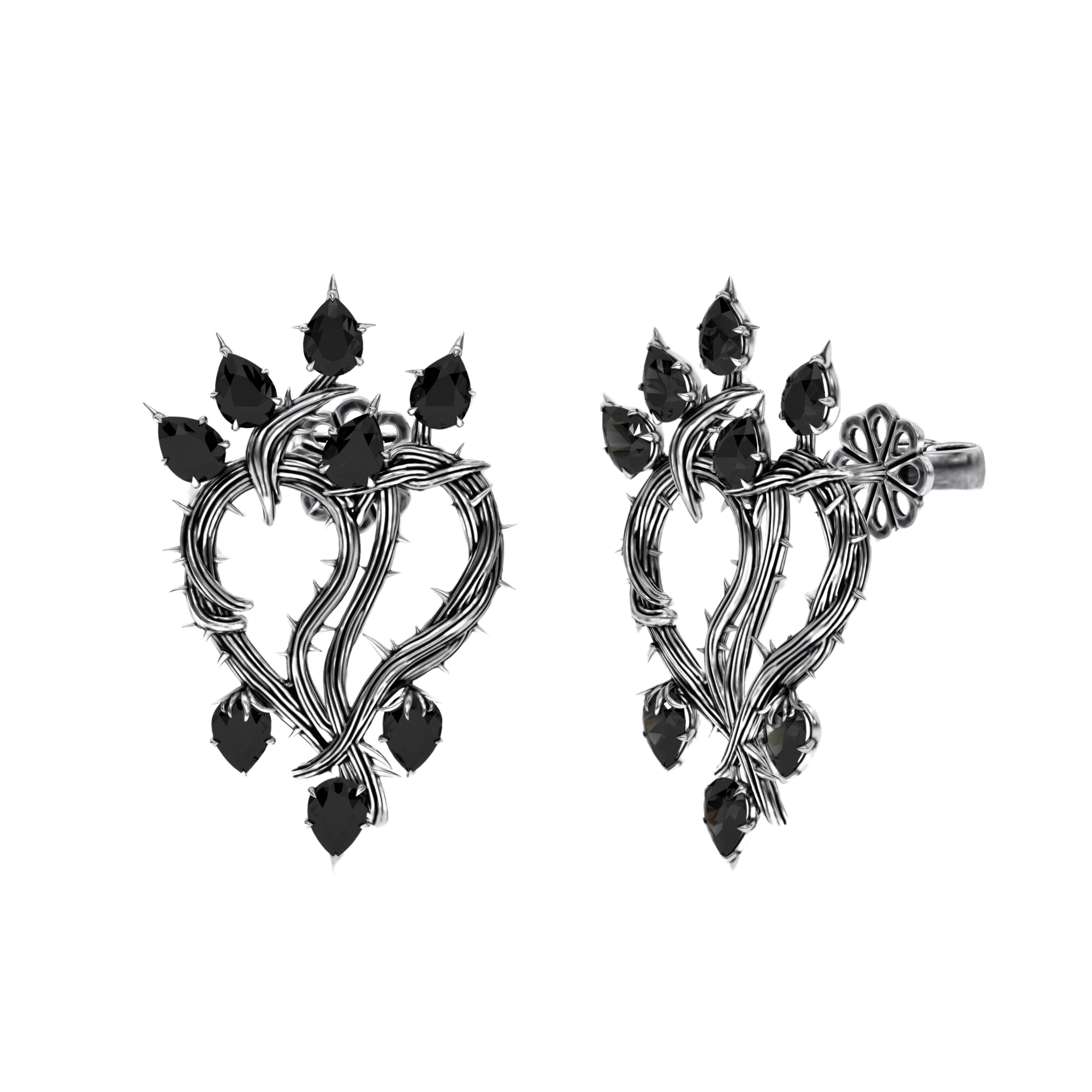 Thorned Heart Earrings crafted from blackened silver with black diamonds