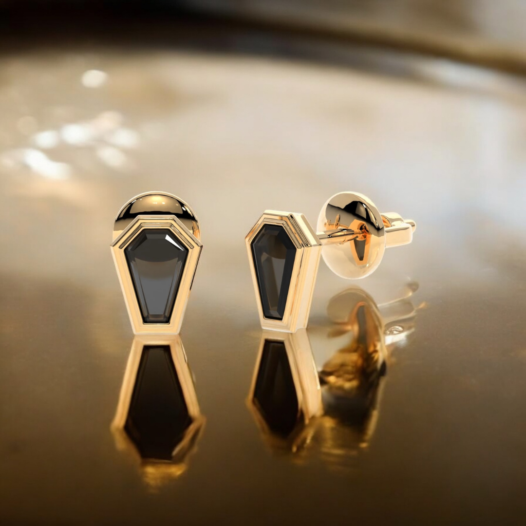 Veil of Night Studs in 14k yellow gold with coffin cut black diamonds, bezel set for gothic elegance