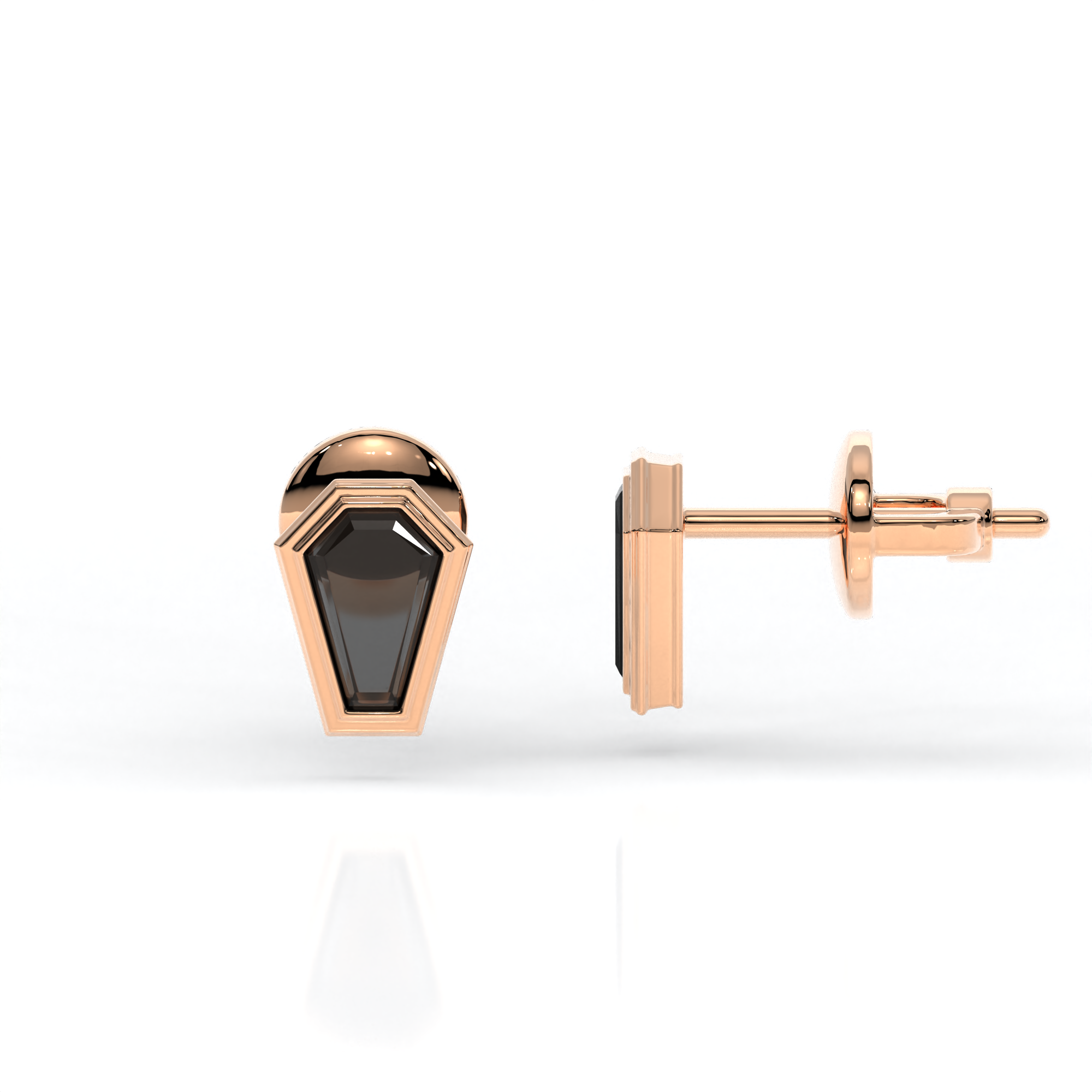 Veil of Night Studs in 14k rose gold with coffin cut black diamonds, bezel set for gothic elegance