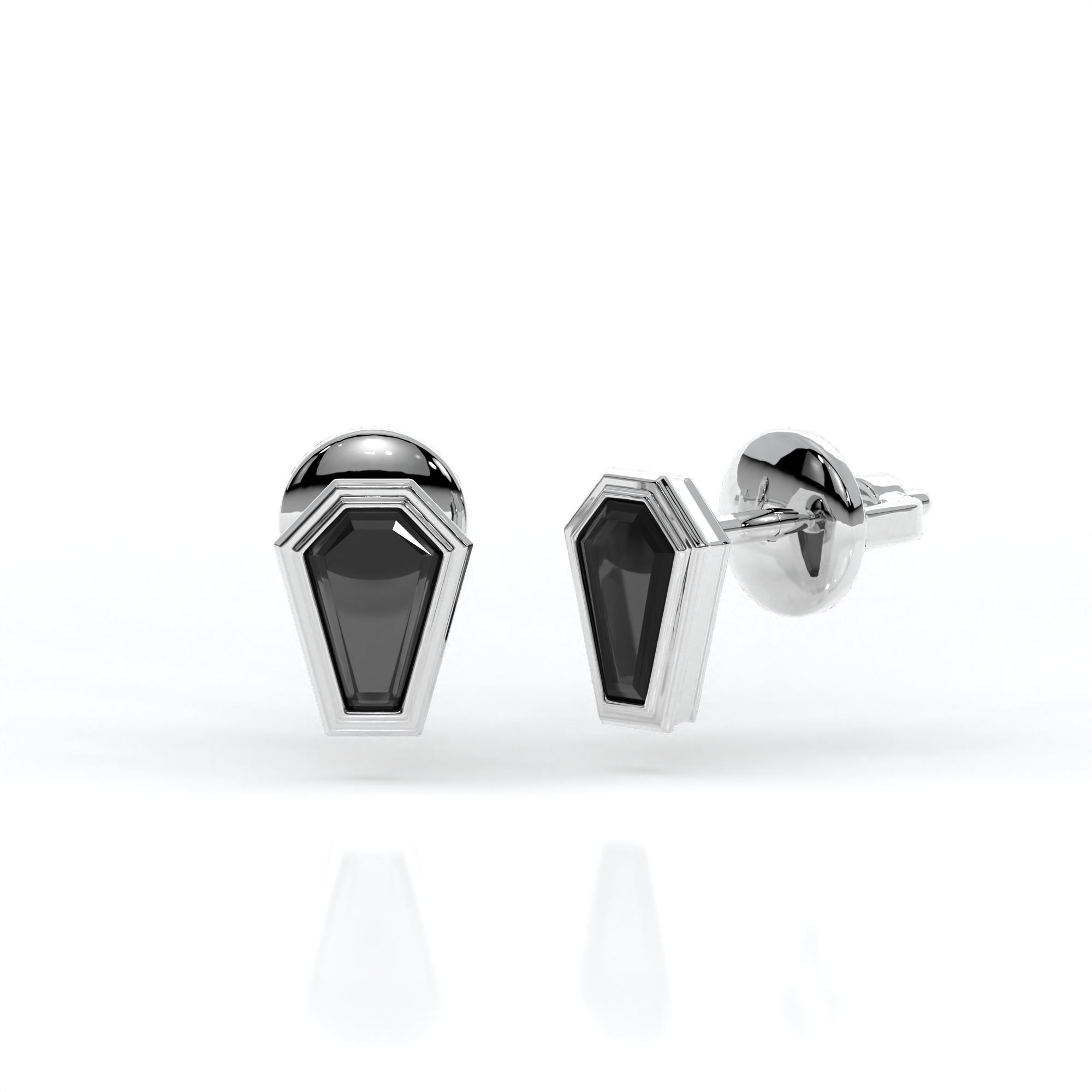 Veil of Night Studs in 14k white gold with coffin cut black diamonds, bezel set for gothic elegance