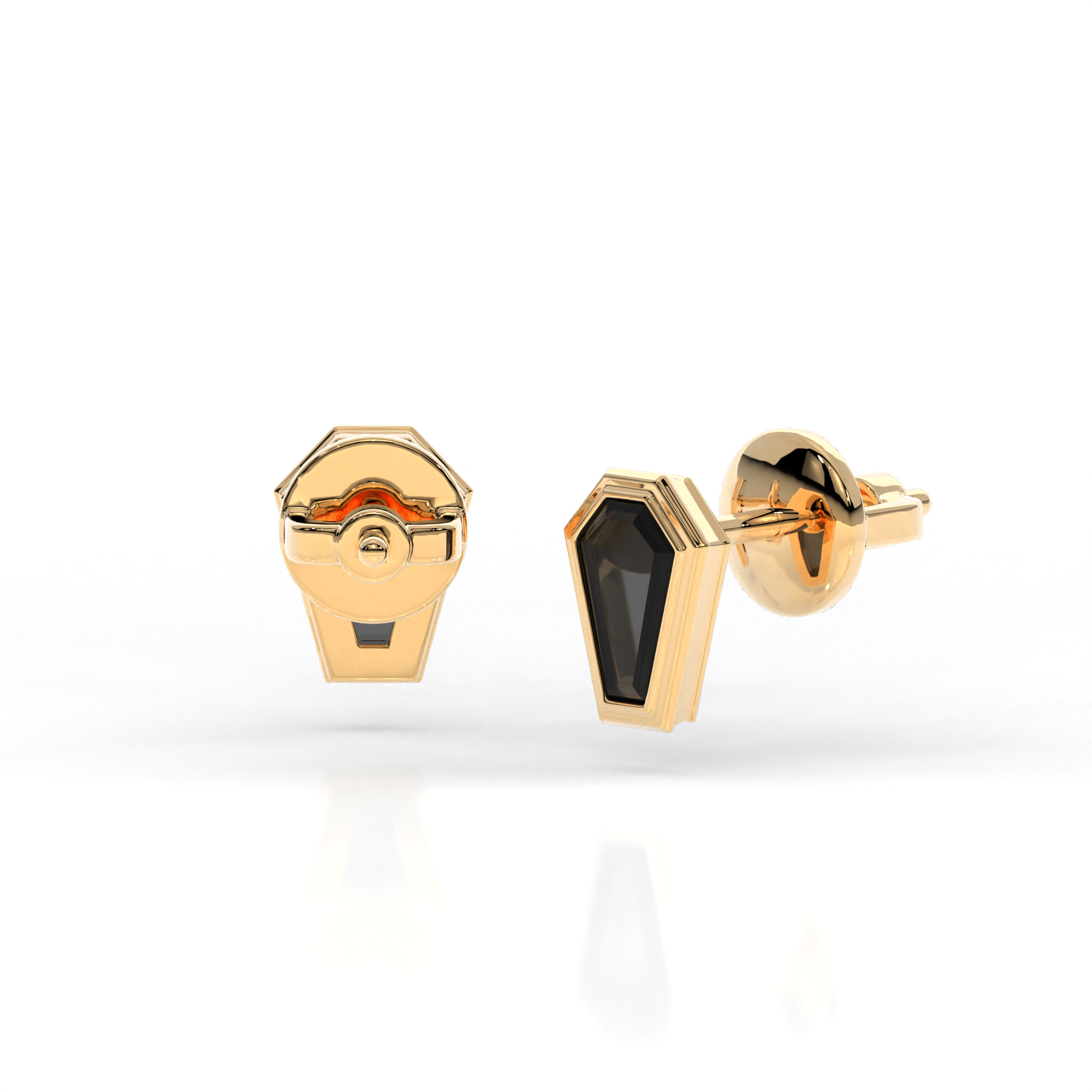 Veil of Night Studs in 14k yellow gold with coffin cut black diamonds, bezel set for gothic elegance