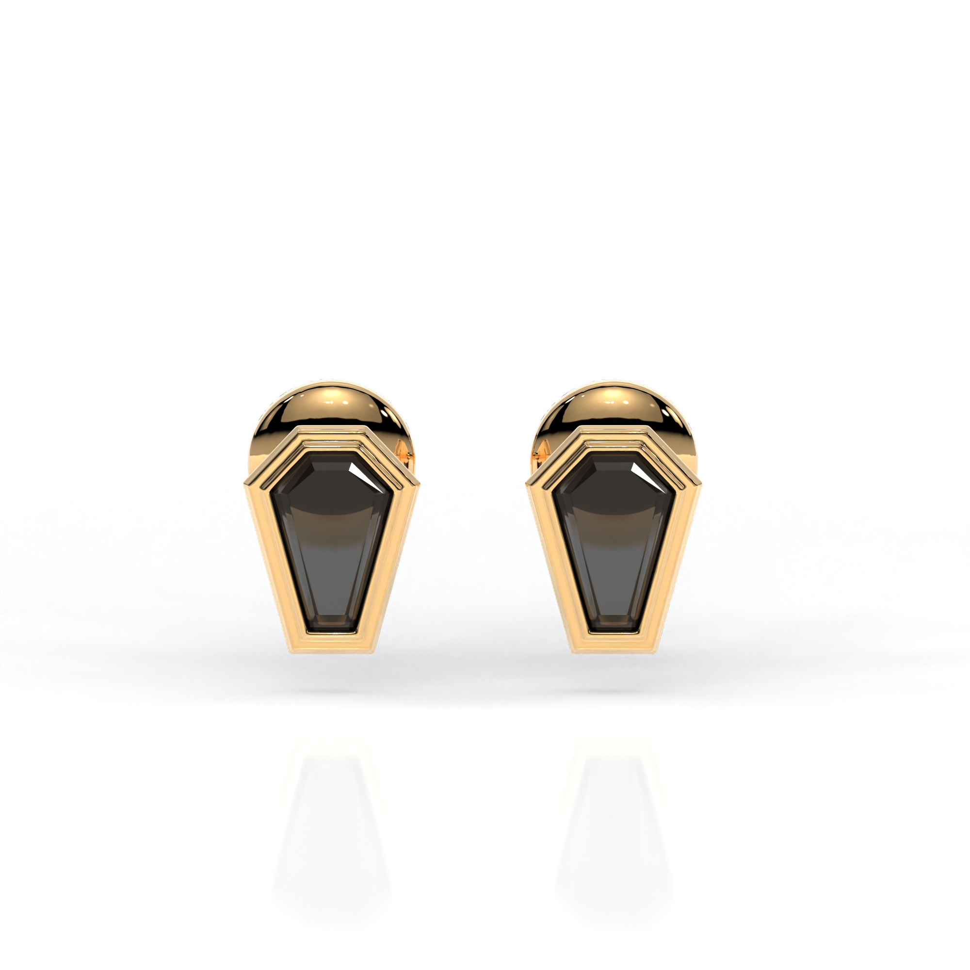 Veil of Night Studs in 14k yellow gold with coffin cut black diamonds, bezel set for gothic elegance