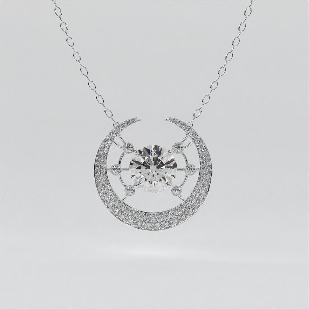 14k white gold Galaxy Necklace with central diamond and crescent moon design