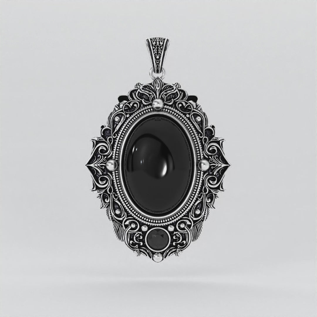 Blackened sterling silver Haunted Mirror Pendant with black onyx and black diamond